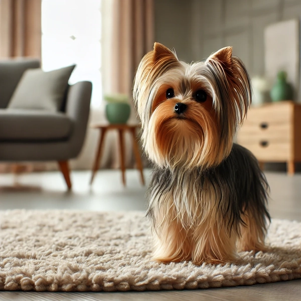 10. A small Yorkshire Terrier standing on a soft rug in a cozy living room