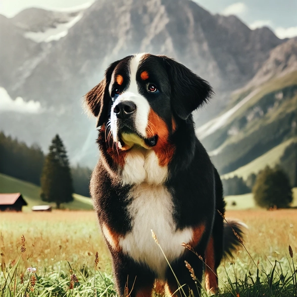 11. A large Bernese Mountain Dog standing in a grassy field with a mountain in the background