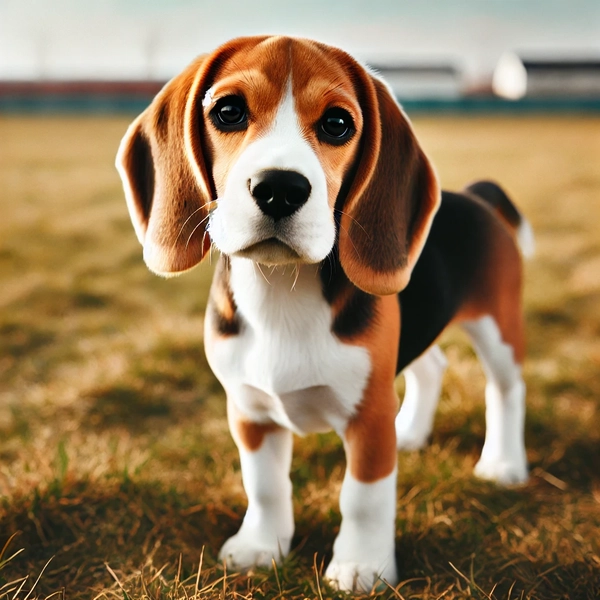 12. Beagle standing outdoors on a grassy field, looking curious and playful
