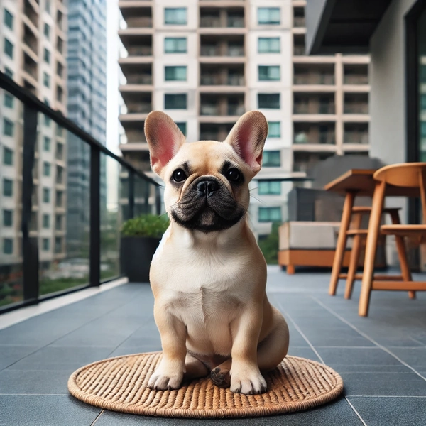 13. French Bulldog sitting comfortably on a patio in a city setting