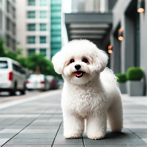 5. Bichon Frisé standing on a city sidewalk, looking playful and cheerful