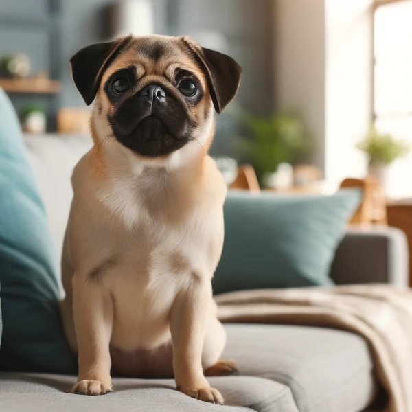 6. Pug sitting comfortably on a sofa in a cozy living room