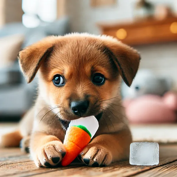 A puppy chewing on a safe frozen treat such as a